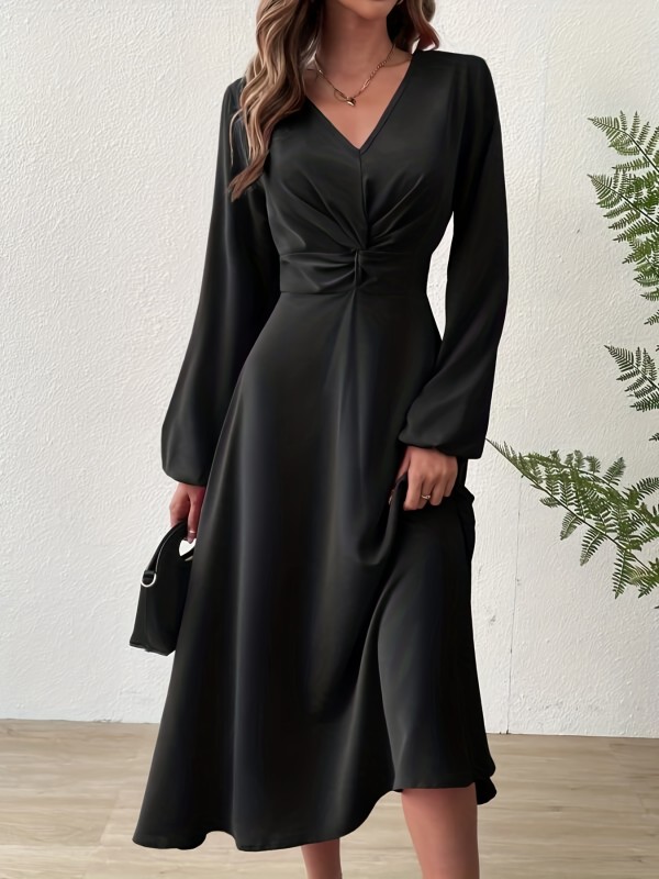 Twist Front Solid Dress, Elegant V Neck Lantern Long Sleeve Dress, Women's Clothing