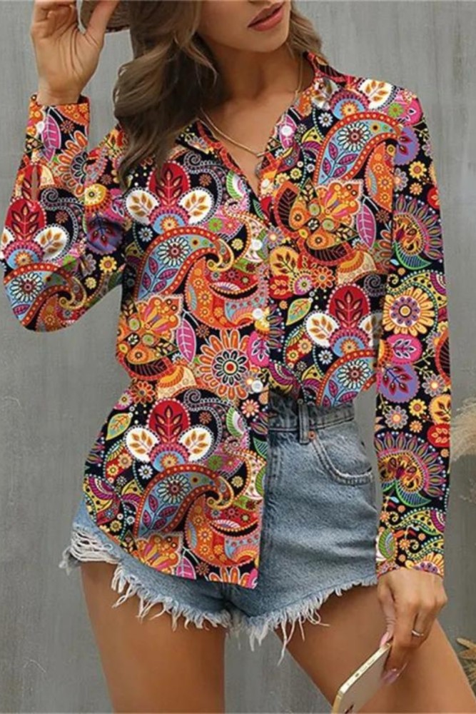 Women's Printed Casual Top Long Sleeve Loose Elegant Shirt