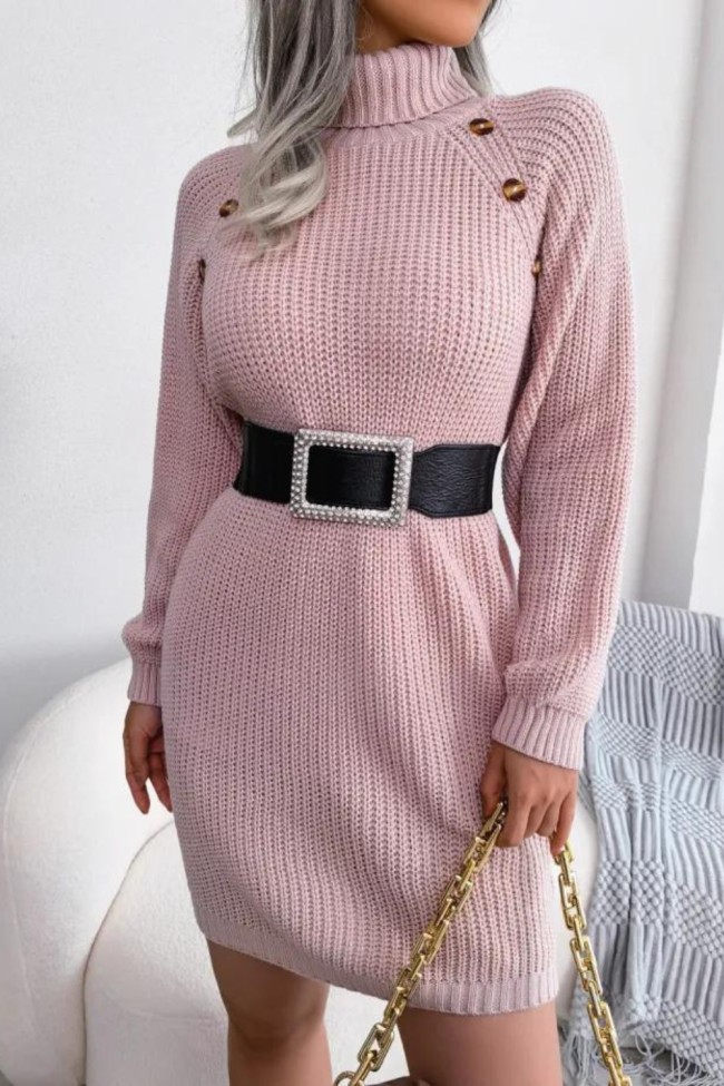 Stylish Casual Buttoned Long Sleeve Knitted Turtleneck Sweater Dress