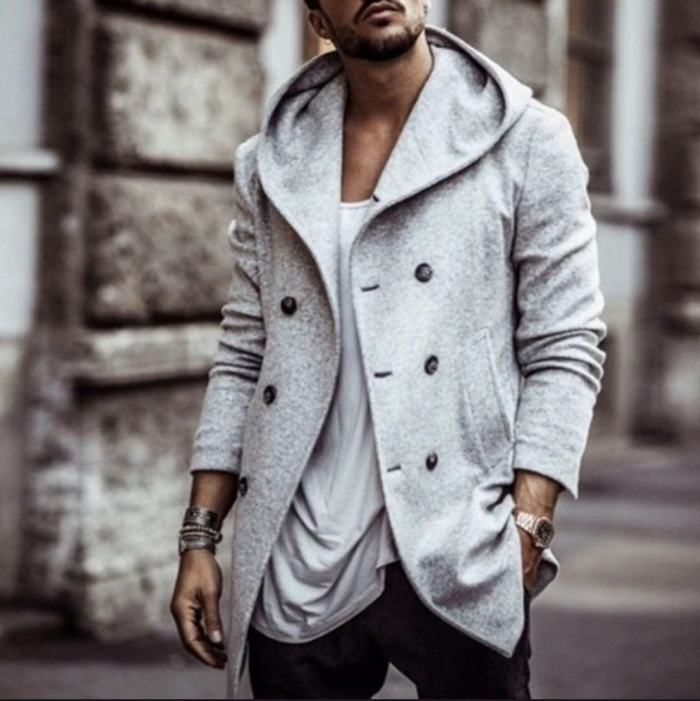 Men's Fashion Solid Color Jacket Hooded Velvet Thickened Casual Wool Jacket