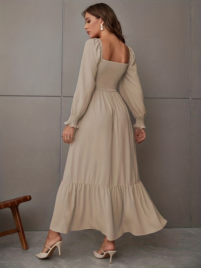 Elegant Ruffle Flowy Long Dress, Solid Long Lantern Sleeve Square Neck Loose Waist Fashion Dresses, Women's Clothing