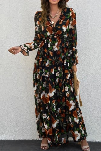 Floral Print Pleated Dress, Vacation V Neck Long Sleeve Maxi Dress, Women's Clothing