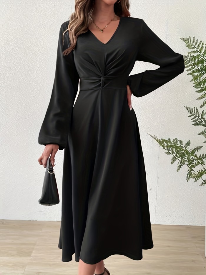 Twist Front Solid Dress, Elegant V Neck Lantern Long Sleeve Dress, Women's Clothing