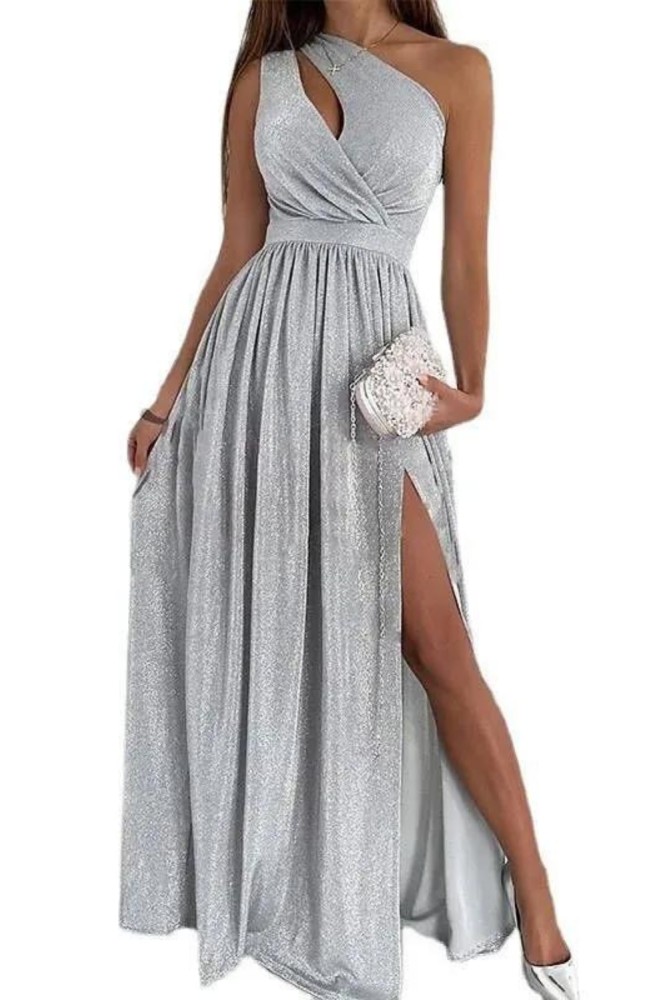 Fashionable Off-Shoulder Sleeveless Sparkling Crystal Sexy Hollow Slit Elegant Maxi Dress