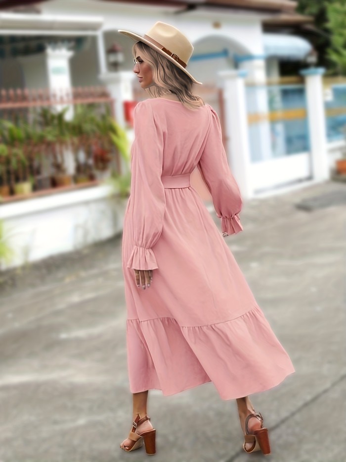 Solid Simple Dress, Elegant V Neck Long Sleeve Maxi Dress, Women's Clothing