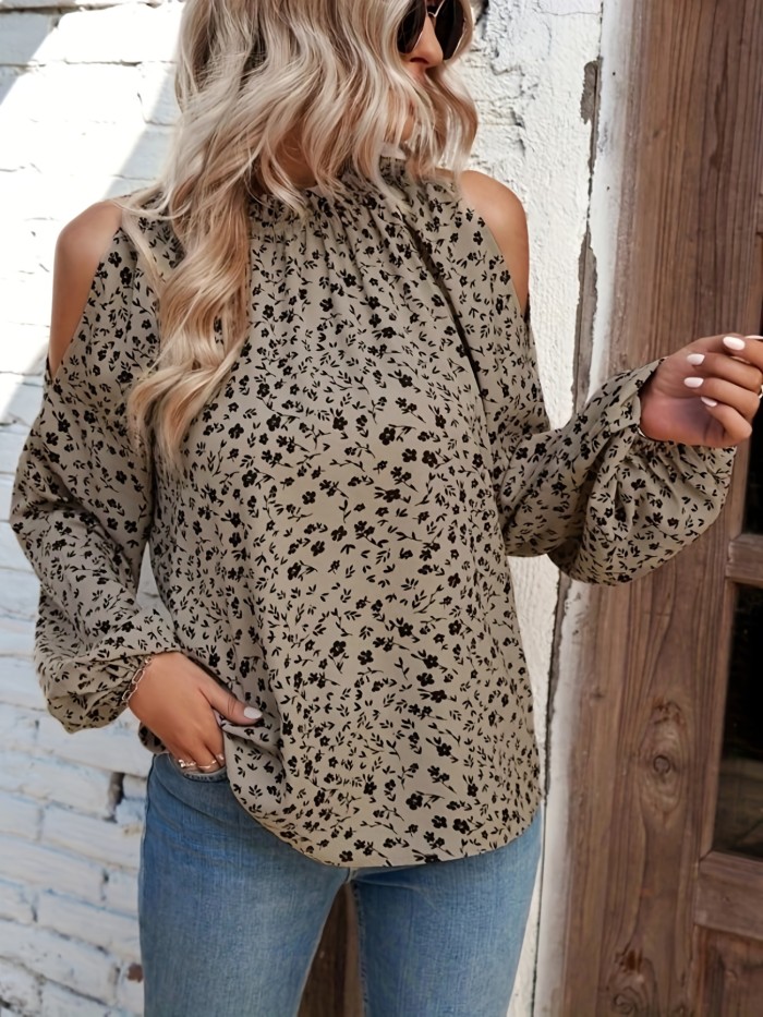 Floral Print Cold Shoulder Blouse, Elegant Ruched Long Sleeve Blouse, Women's Clothing