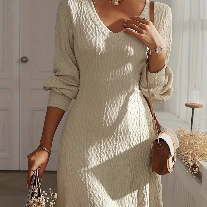 Solid Textured Dress, Elegant V Neck Long Sleeve Mini Dress, Women's Clothing