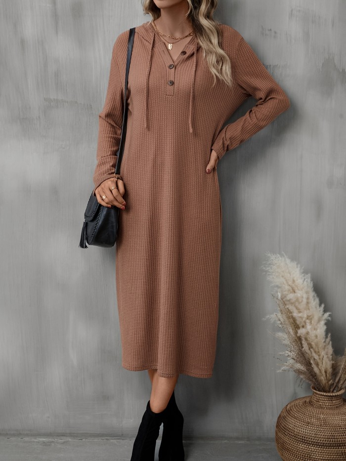 Hooded Button Front Dress, Casual Drawstring Long Sleeve Dress, Women's Clothing