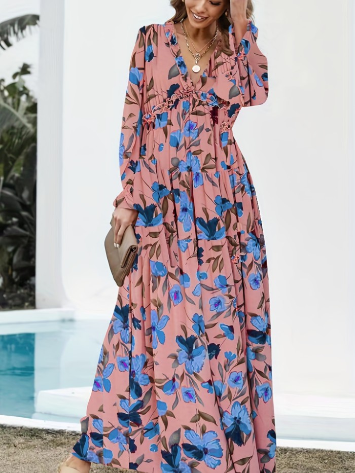 Floral Print Pleated Dress, Vacation V Neck Long Sleeve Maxi Dress, Women's Clothing