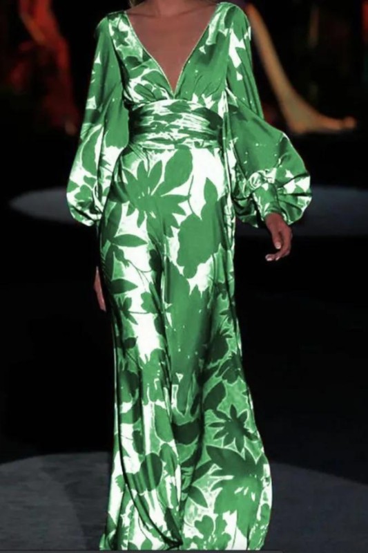 Women's Fashionable V-Neck Loose Elegant Printed Party Maxi Dress