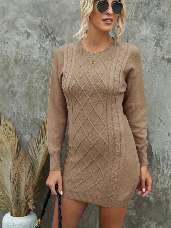 Cut Out Knit Sweater Dress, Casual Crew Neck Long Sleeve Dress, Women's Clothing