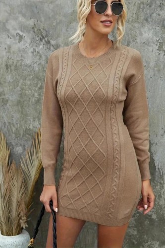 Cut Out Knit Sweater Dress, Casual Crew Neck Long Sleeve Dress, Women's Clothing