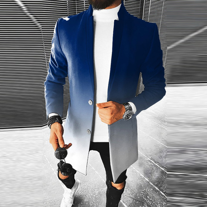 Fashionable Stand Collar Midi-Long Jacket Men's Casual Single Button Slim Jacket