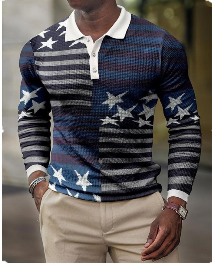 Men's Fashionable Lapel Long Sleeve Printed Pullover Casual T-Shirt