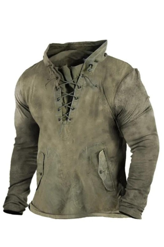 Men's Fashion Outdoor Sports Retro Lace Up Loose Solid Color Casual Hoodie