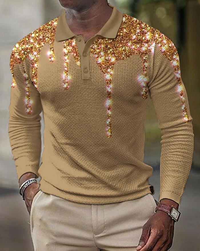 Men's Fashionable Lapel Long Sleeve Printed Pullover Casual T-Shirt