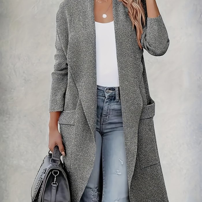 Solid Pocket Open Front Cardigan, Casual Long Sleeve Lapel Cardigan ...