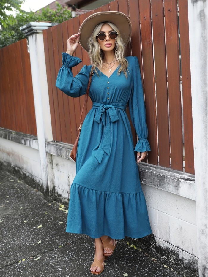 Solid Simple Dress, Elegant V Neck Long Sleeve Maxi Dress, Women's Clothing