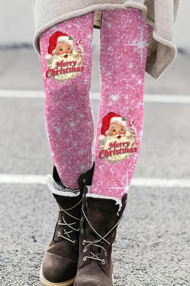 Christmas Print Thermal Skinny Leggings, Casual Elastic Waist Stretchy Leggings, Women's Clothing