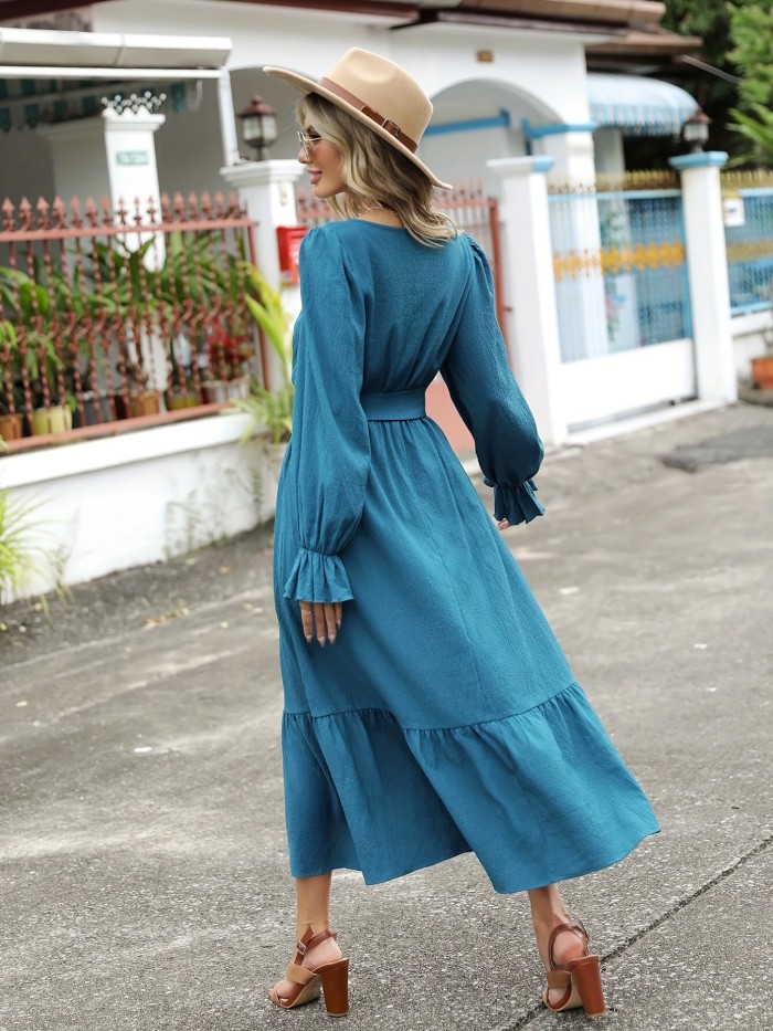 Solid Simple Dress, Elegant V Neck Long Sleeve Maxi Dress, Women's Clothing
