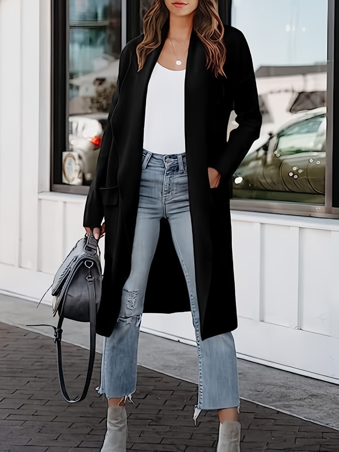 Washed Collarless Open Front Cardigan main image 1