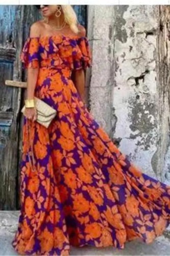 Women's Fashion Print Sexy One Shoulder Sleeveless Floral Party Elegant Maxi Dress