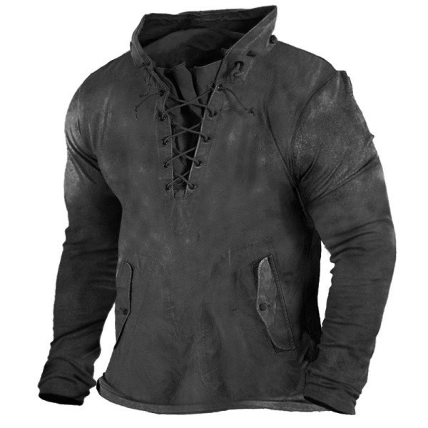 Men's Fashion Outdoor Sports Retro Lace Up Loose Solid Color Casual Hoodie