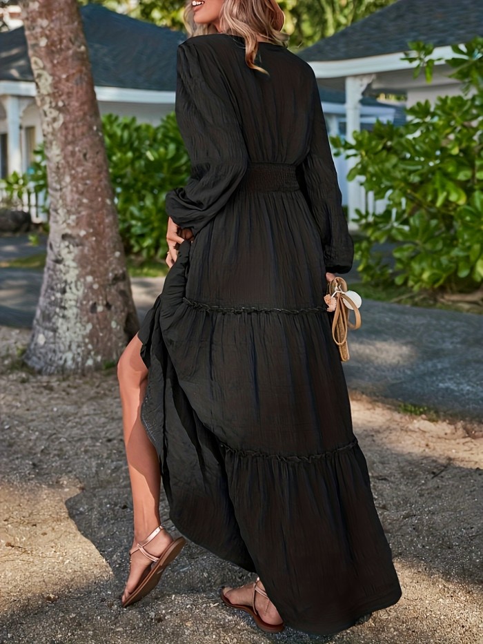 Textured Shirred Waist Dress, Elegant V Neck Long Sleeve Maxi Dress, Women's Clothing