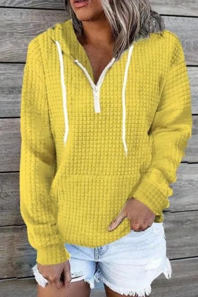 Fashionable Zipper Design Drawstring Casual Solid Color Long Sleeve Pocket Hoodie