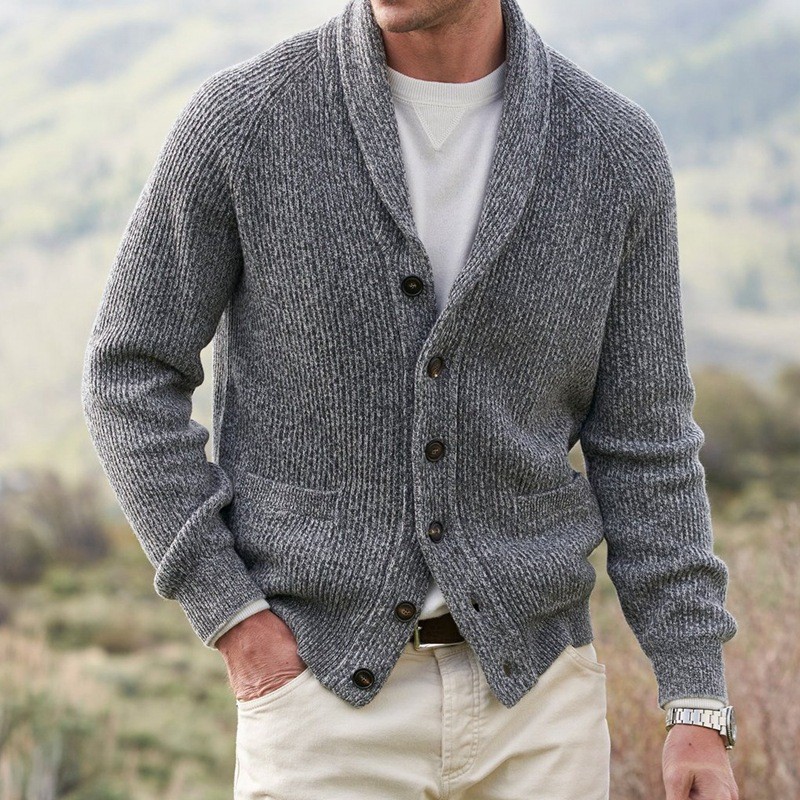 Men's Fashionable Lapel Mixed Color Button Loose Knitted Sweater Cardigan
