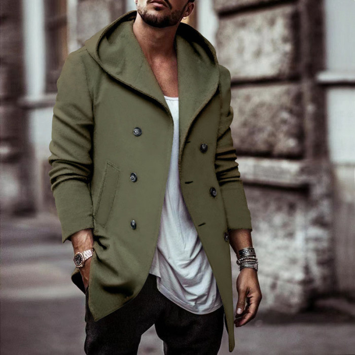 Men's Casual Loose Hooded Fashion Button Windbreaker Wool Coat Jacket