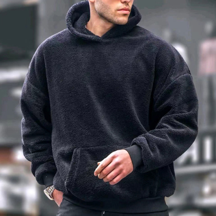 Fashion Soft Solid Fleece Hoodie Pullovers Men Pockets Hooded Sweatshirts
