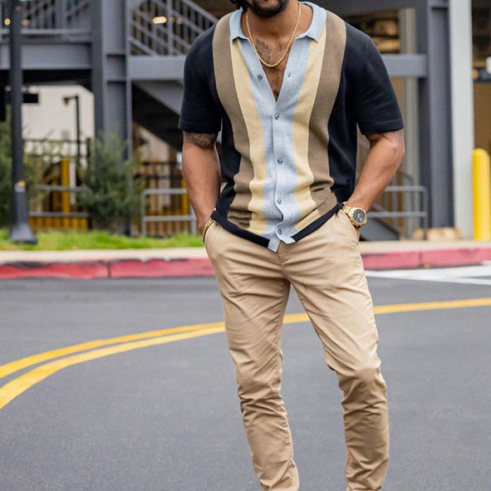 Men's Fashion Casual Knitted Short Sleeve Polo Shirt Lapel Button Cardigan T Shirt