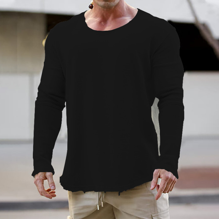 Men's Fashion Long Sleeved Round Neck Battle Damaged Casual Loose Sweater