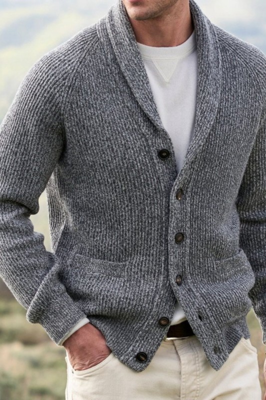 Men's Fashionable Lapel Mixed Color Button Loose Knitted Sweater Cardigan