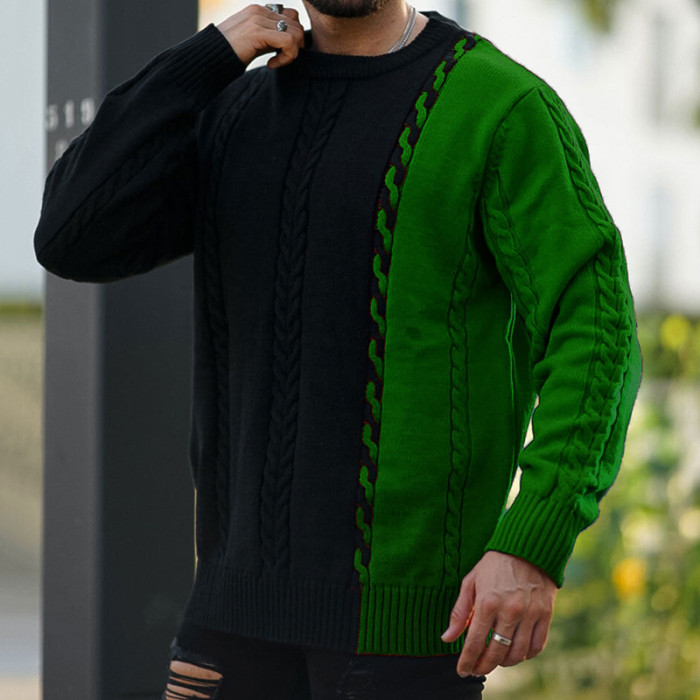Fashion Contrast Color Crochet Sweater Men Casual Patchwork  O Neck Knit Sweaters