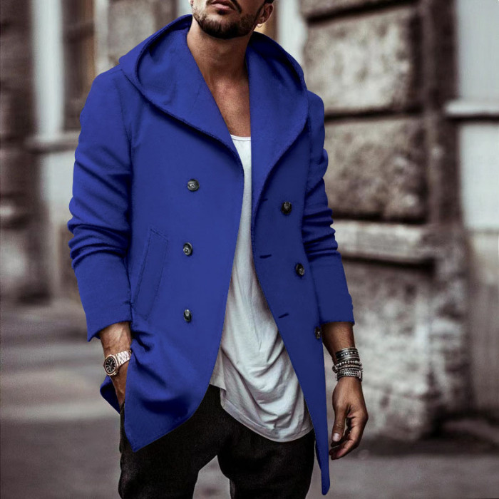 Men's Casual Loose Hooded Fashion Button Windbreaker Wool Coat Jacket