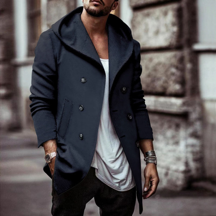 Men's Casual Loose Hooded Fashion Button Windbreaker Wool Coat Jacket