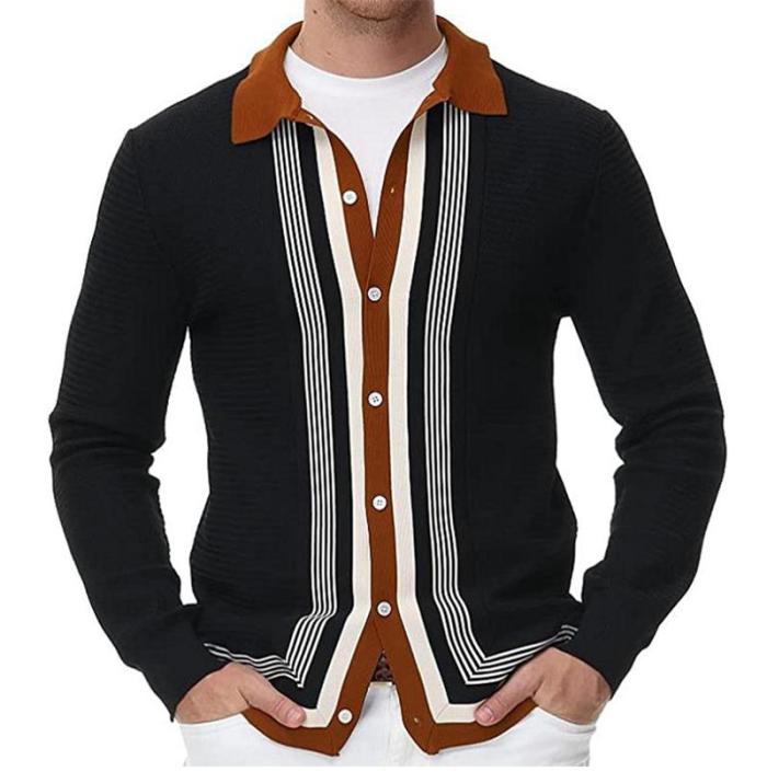 Men's  British Style Street Button Polo Long Sleeve Knit Business Casual Cardigan