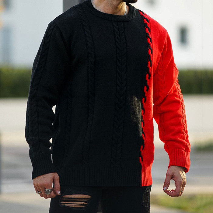 Fashion Contrast Color Crochet Sweater Men Casual Patchwork  O Neck Knit Sweaters