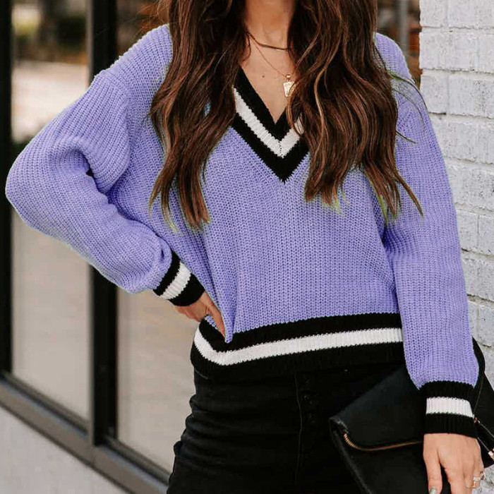Women's Fashionable V-Neck Long Sleeve Loose Knitted Sweater