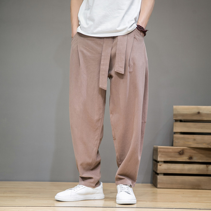 Men's Fashion Solid Color Cotton and Linen Stretch Casual Loose Sports Harem Pants