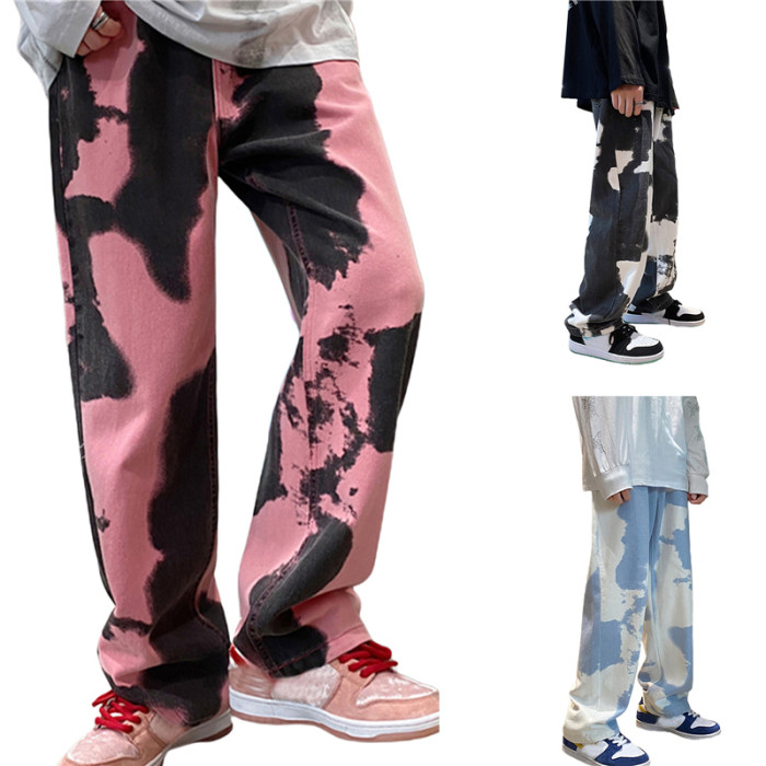 Men's Fashionable Tie Dye Mid Rise Loose Baggy Jeans