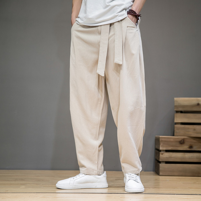 Men's Fashion Solid Color Cotton and Linen Stretch Casual Loose Sports Harem Pants