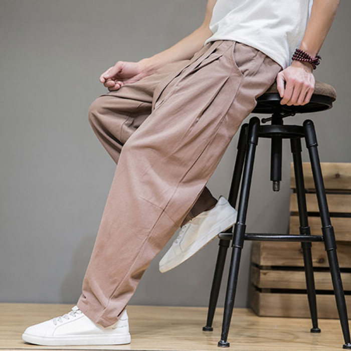 Men's Fashion Solid Color Cotton and Linen Stretch Casual Loose Sports Harem Pants