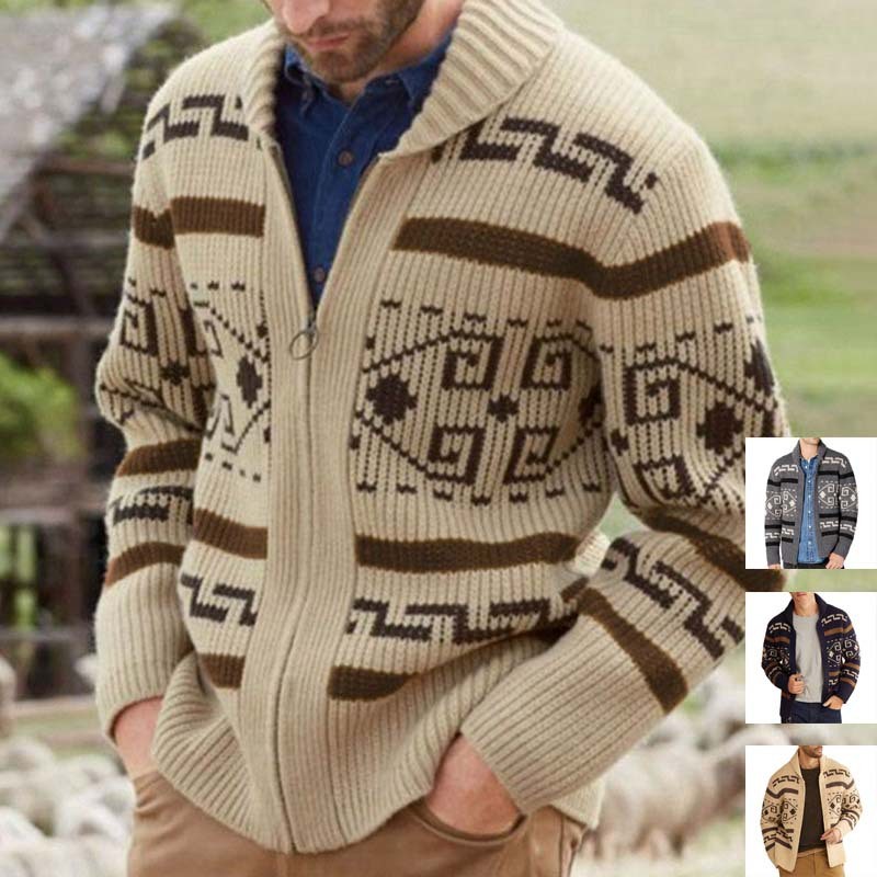 Men Kintted Sweaters Jacket Casual Vintage Shawl Collar Cardigan