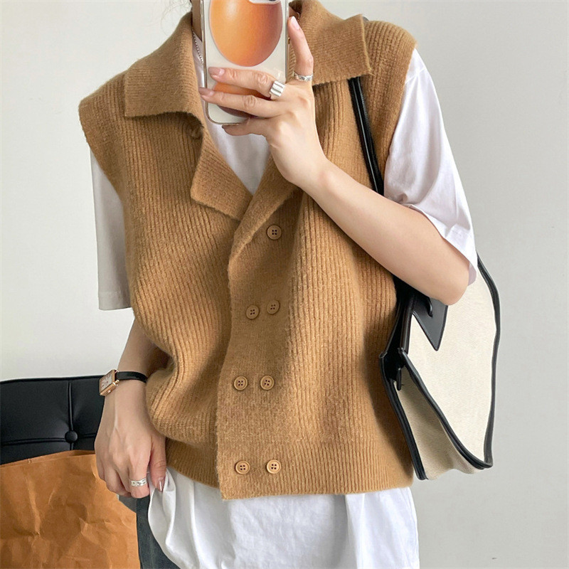 Women's Fashion Solid Color Lapel Double Breasted Knitted Vest