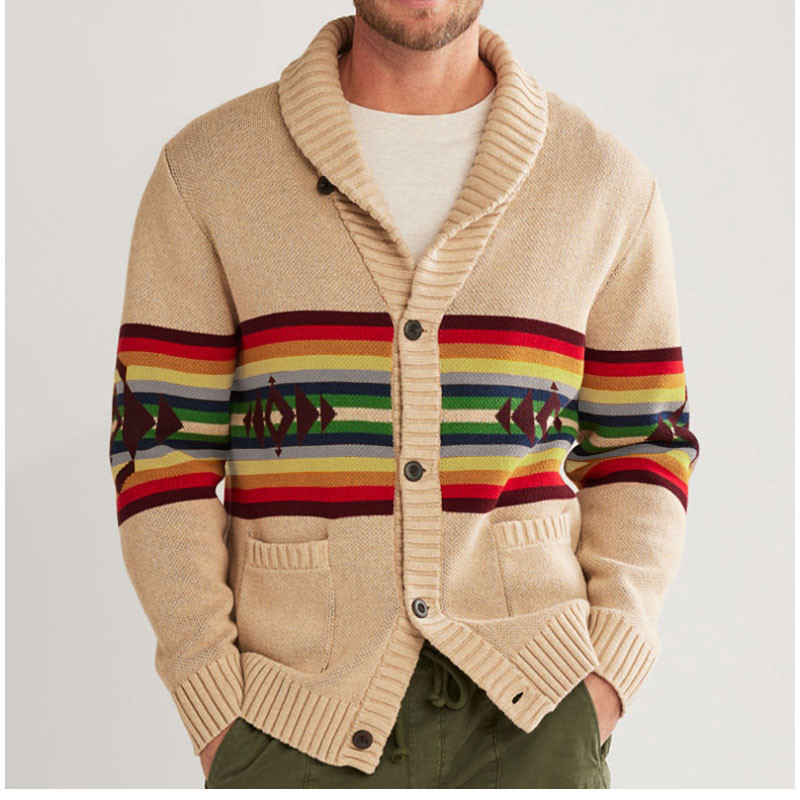 Fashion Striped Jacquard Lapel Thickened Warm Cardigan Sweater Jacket