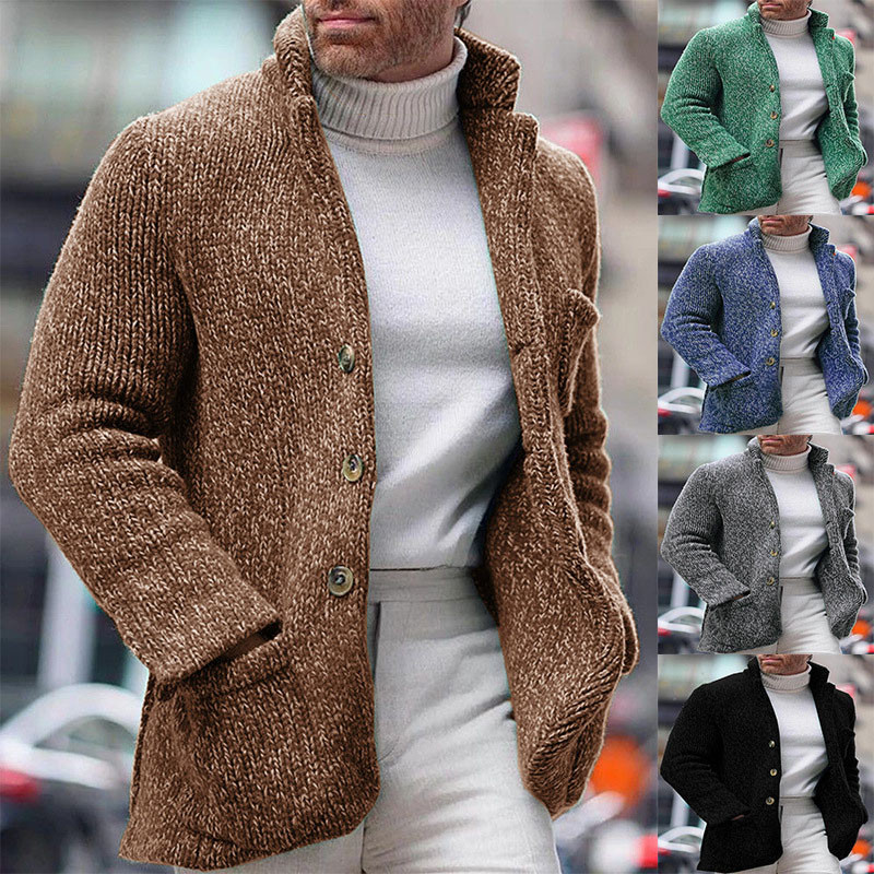 Men's Casual Long Sleeve Single Breasted Stand Collar Sweater Warm Knitted Outerwear