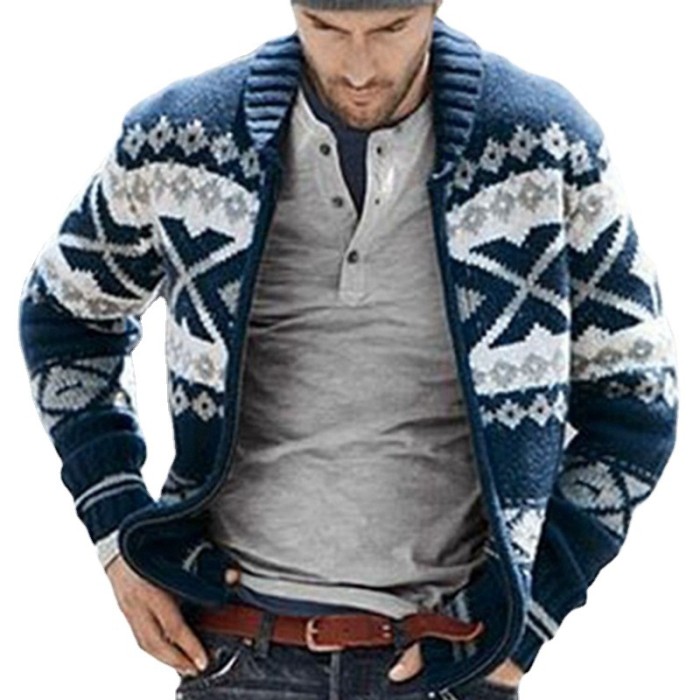 Men's Fashion Lapel Zipper Long Sleeve Jacquard Cardigan Sweater Jacket